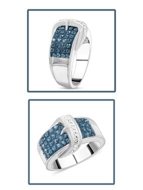 Silvertone Blue & White Crystal Pave buckle Ring size 7